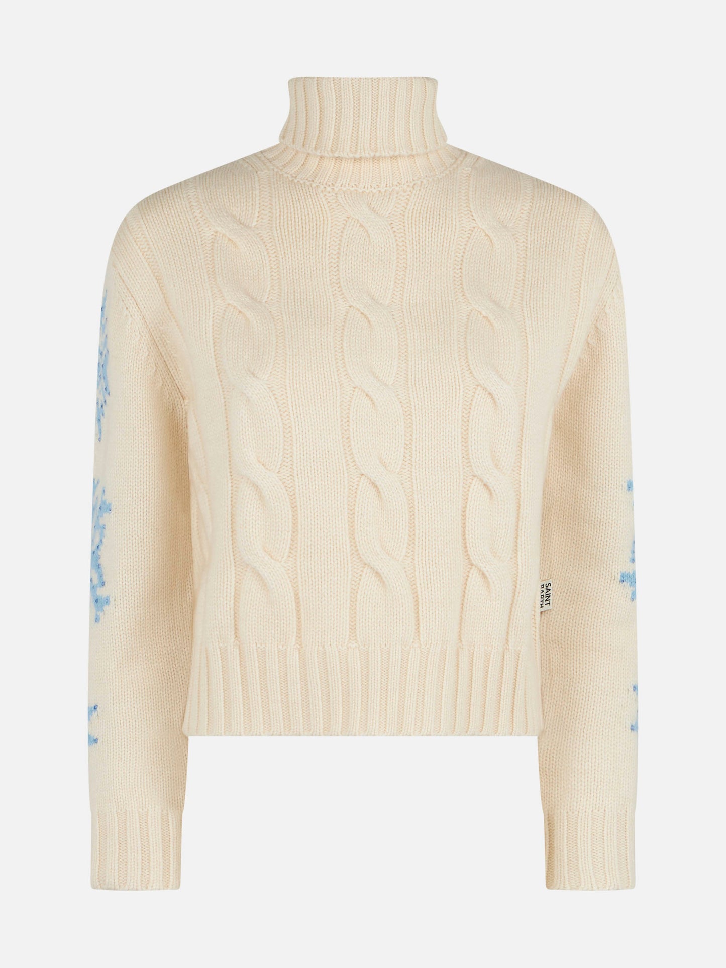 Adler white braided turtleneck sweater with snowflake rhinestones
