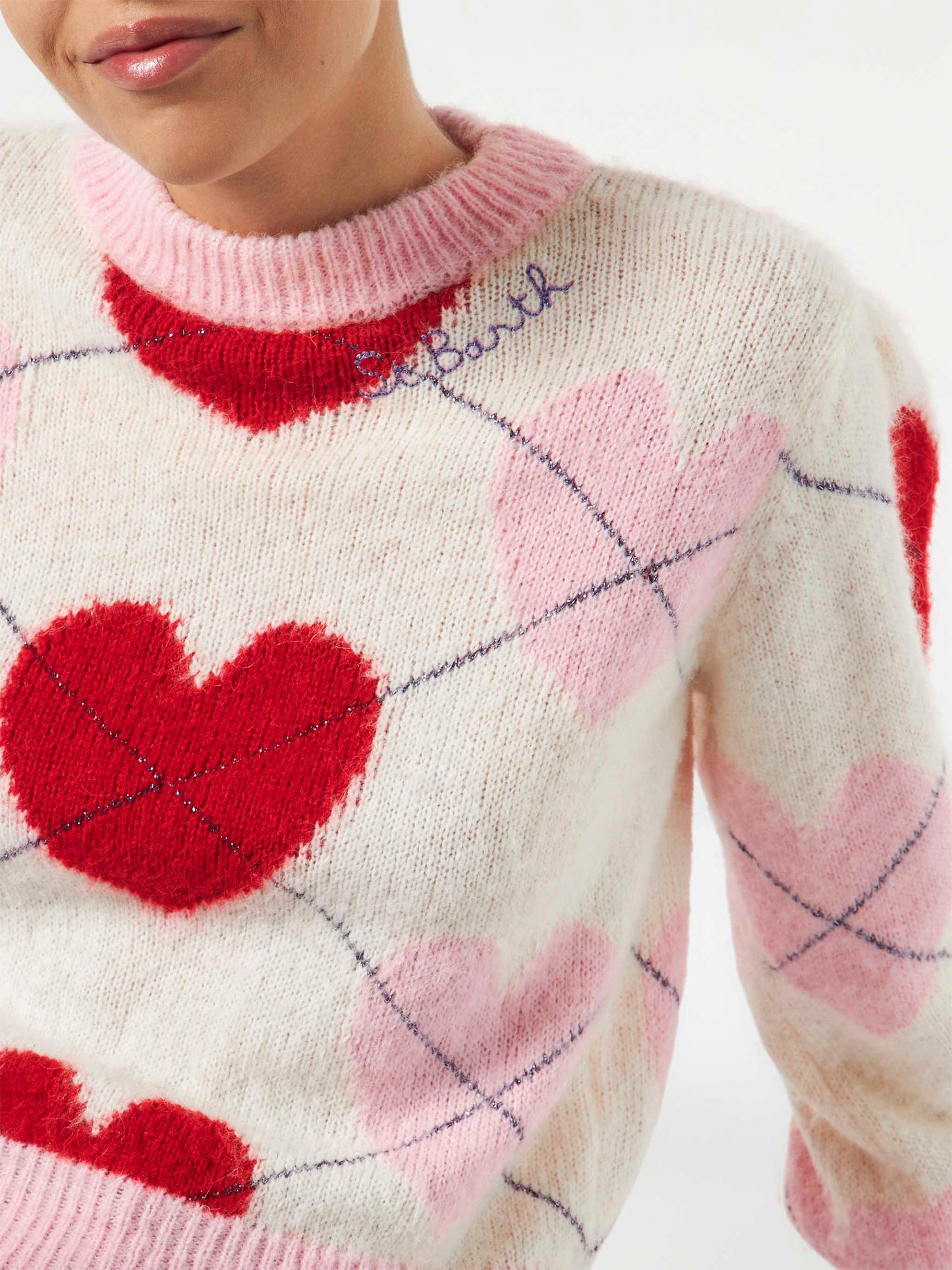 Woman brushed striped sweater with heart pattern - MC2 Saint Barth