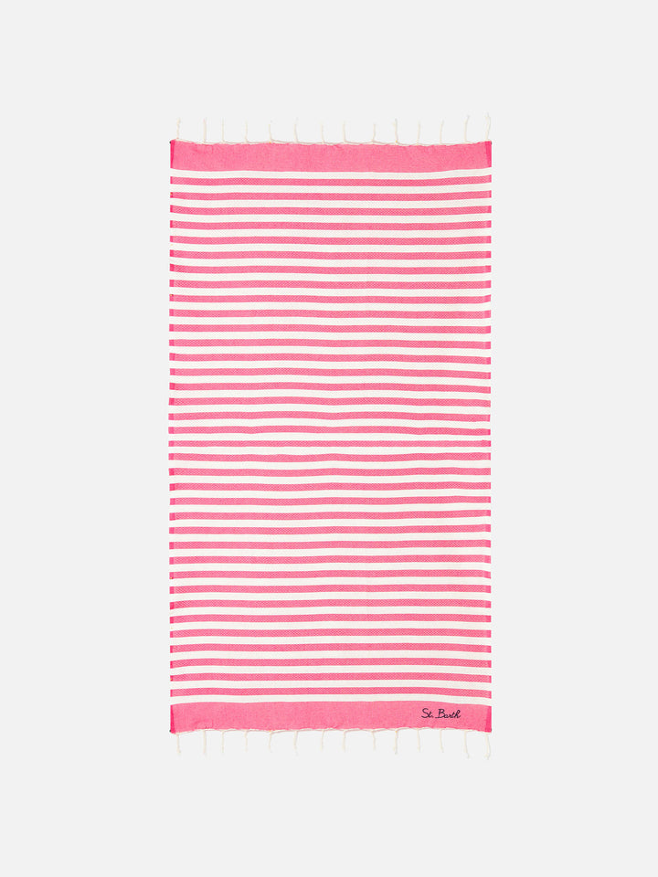 Cotton beach towel Fouta with fuchsia striped print