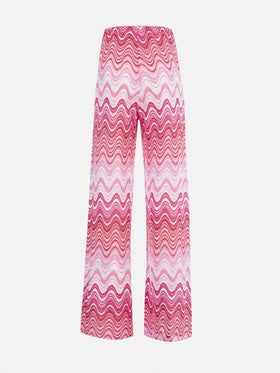 Pantalones rosa de punto raschel de pernera ancha para mujer Amalia 