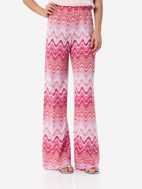 Pantalones rosa de punto raschel de pernera ancha para mujer Amalia 