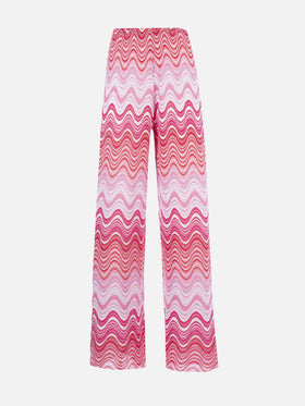 Pantalones rosa de punto raschel de pernera ancha para mujer Amalia 
