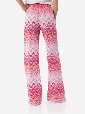 Pantalones rosa de punto raschel de pernera ancha para mujer Amalia 