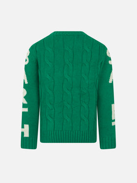 Boy green cable knit sweater Bergen Jr with Saint Barth jacquard - MC2 Saint Barth