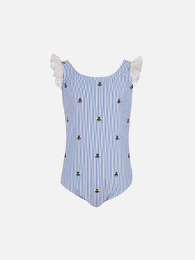 Girl seersucker cotton one piece swimsuit Tilda with ruffled straps - MC2 Saint Barth