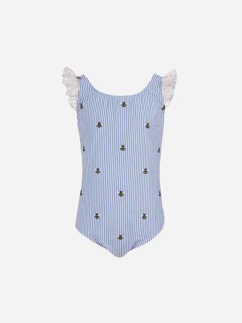 Girl seersucker cotton one piece swimsuit Tilda with ruffled straps - MC2 Saint Barth