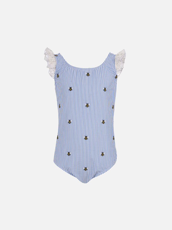 Girl seersucker cotton one piece swimsuit Tilda with ruffled straps - MC2 Saint Barth