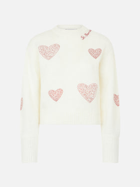 Woman brushed white sweater with rhinestones hearts - MC2 Saint Barth