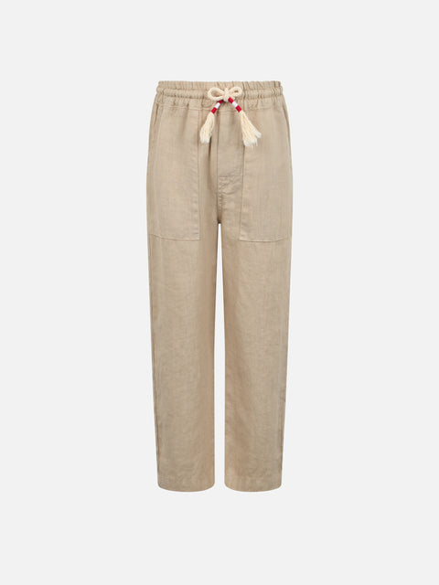Boy beige linen Calais Jr pants with drawstring - MC2 Saint Barth
