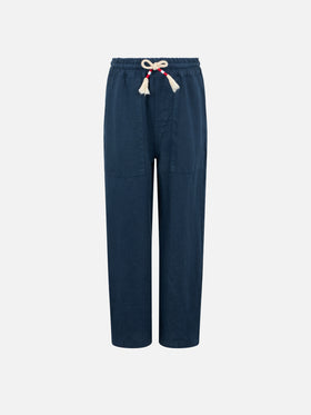 Boy navy blue linen Calais Jr pants with drawstring - MC2 Saint Barth