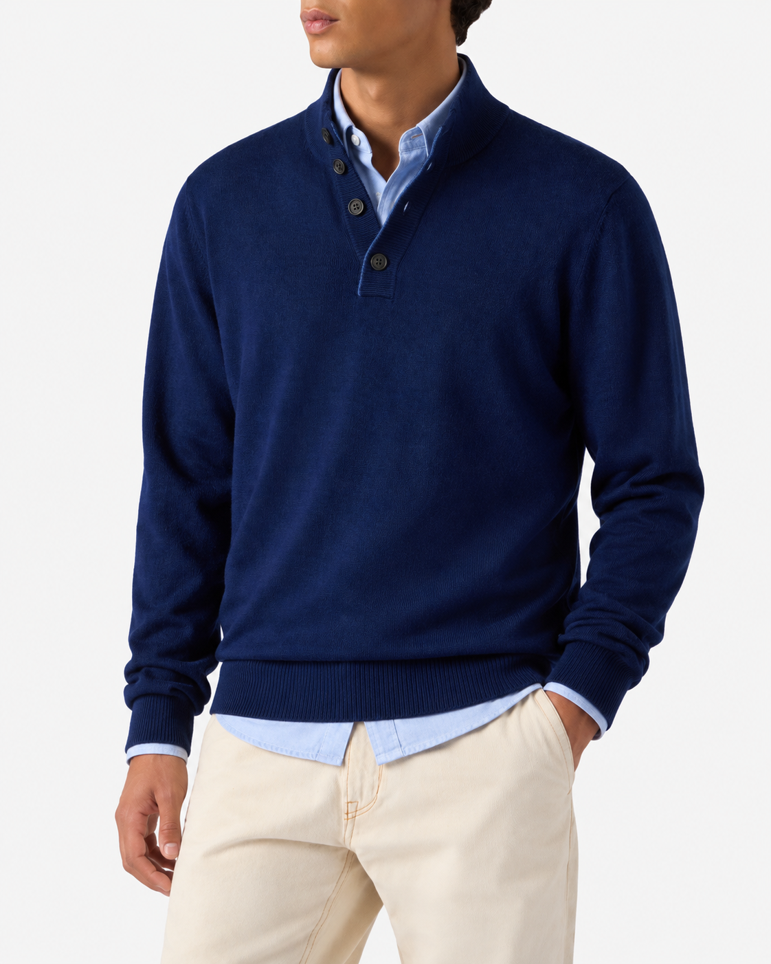 Pull à demi-zip en laine mérinos et cachemire bleu marine 