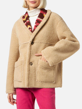 Cappotto Dorys in shearling reversibile beige con fantasia etnica
