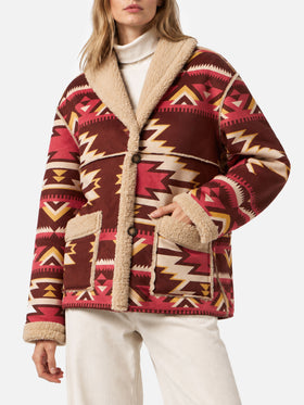 Abrigo reversible de shearling Dorys en beige con motivo étnico 
