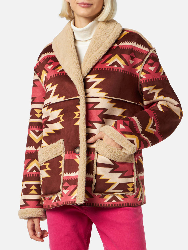 Beige Dorys reversible shearling coat with ethnic pattern