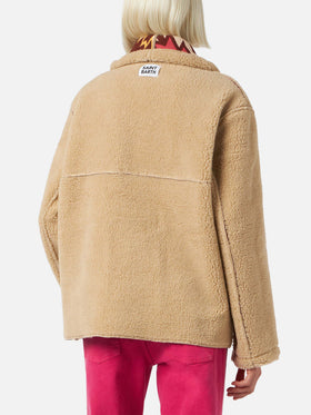 Cappotto Dorys in shearling reversibile beige con fantasia etnica