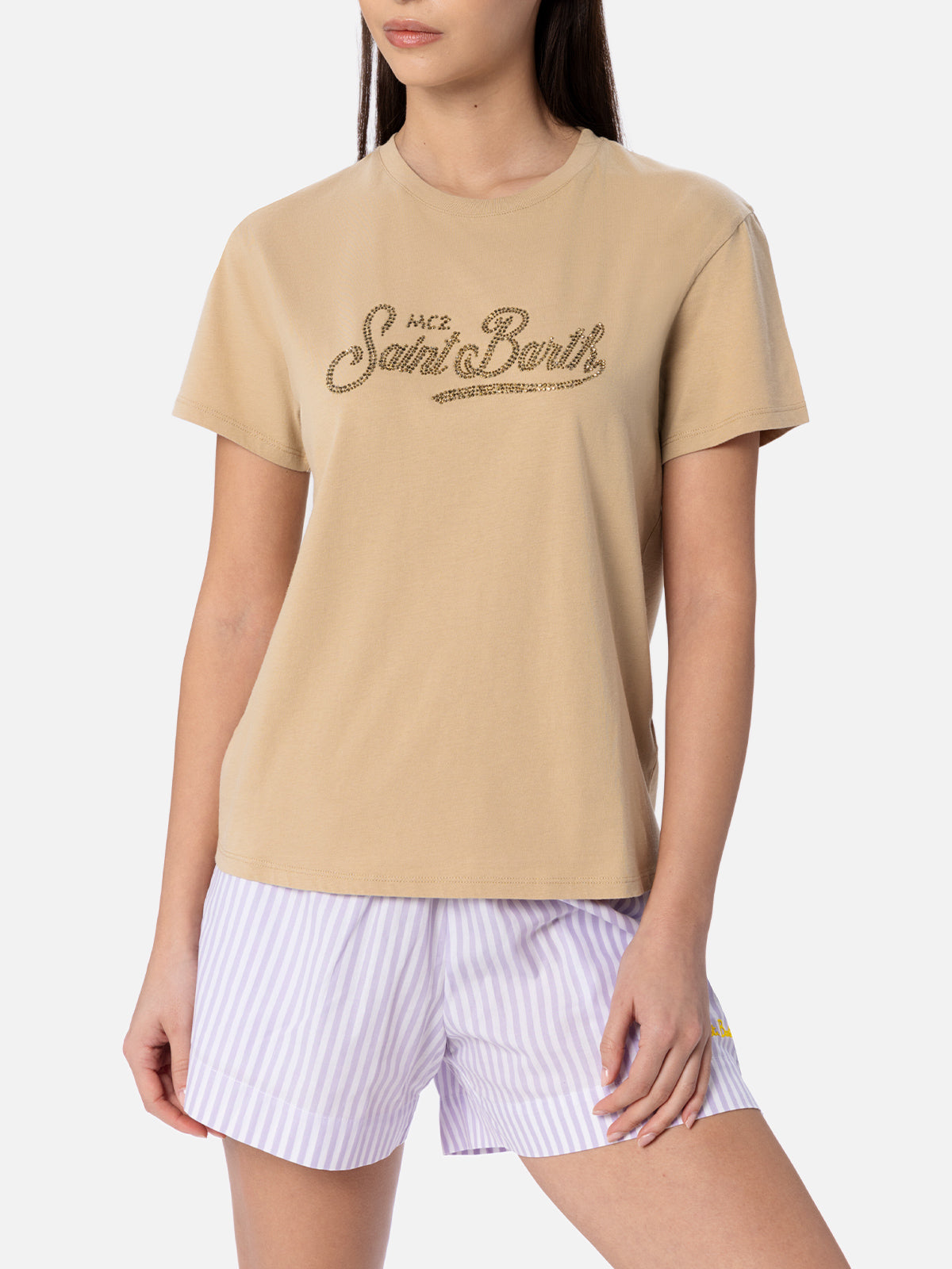 Woman cotton jersey crewneck t-shirt Emilie with Saint Barth rhinestones embroidery - MC2 Saint Barth