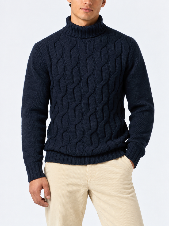 Navy blue Fisherman cable knit turtleneck sweater
