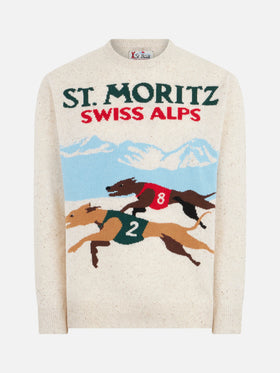 Herren-Donegal-Pullover mit Rundhalsausschnitt und St. Moritz-Polo-Print