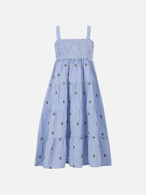 Girl seersucker dress Jemine Jr with bee embroidery - MC2 Saint Barth