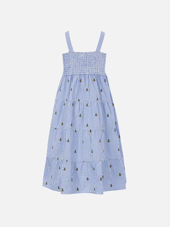 Girl seersucker dress Jemine Jr with bee embroidery - MC2 Saint Barth