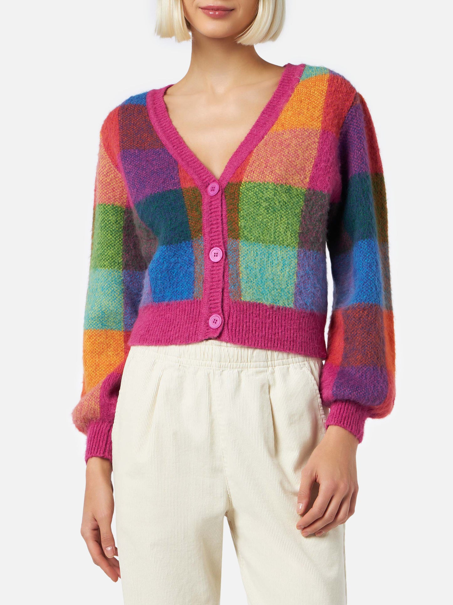 Gebürsteter, kurz geschnittener Damen-Cardigan mit Puffärmeln