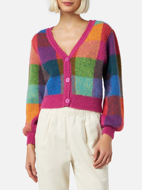 Gebürsteter, kurz geschnittener Damen-Cardigan mit Puffärmeln