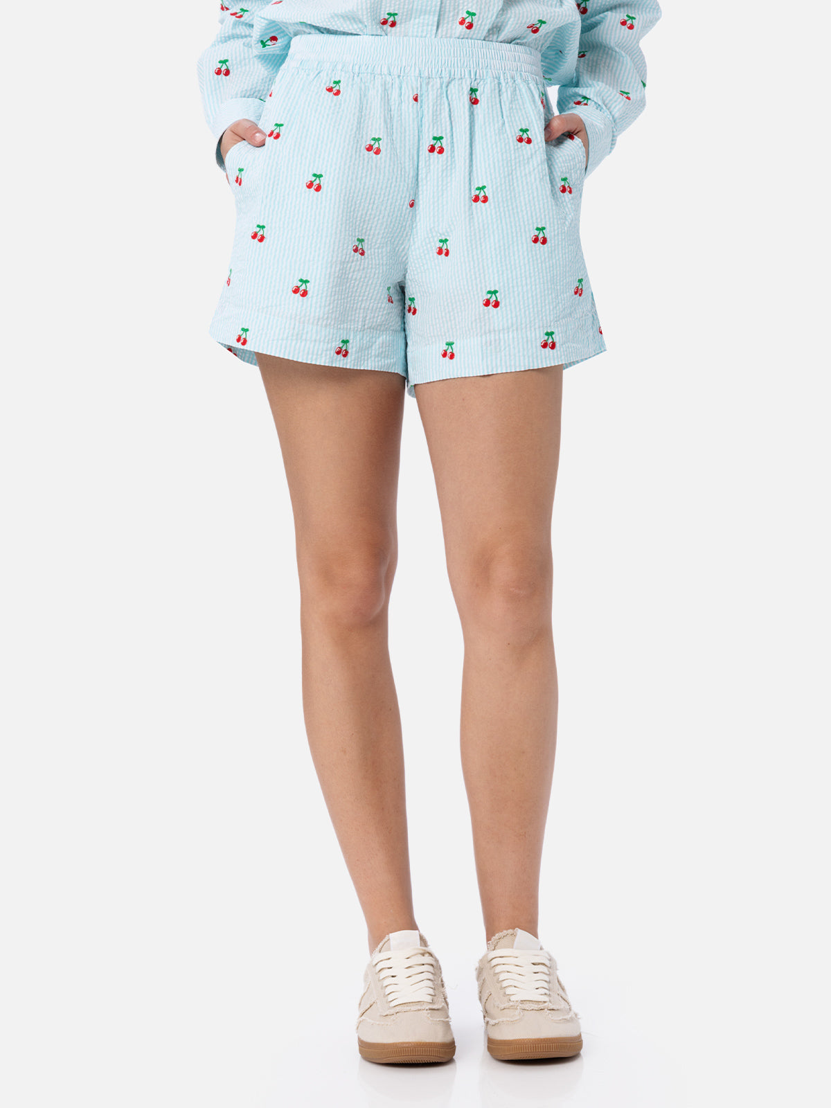 Woman seersucker striped pull up shorts Meave with cherry patches - MC2 Saint Barth