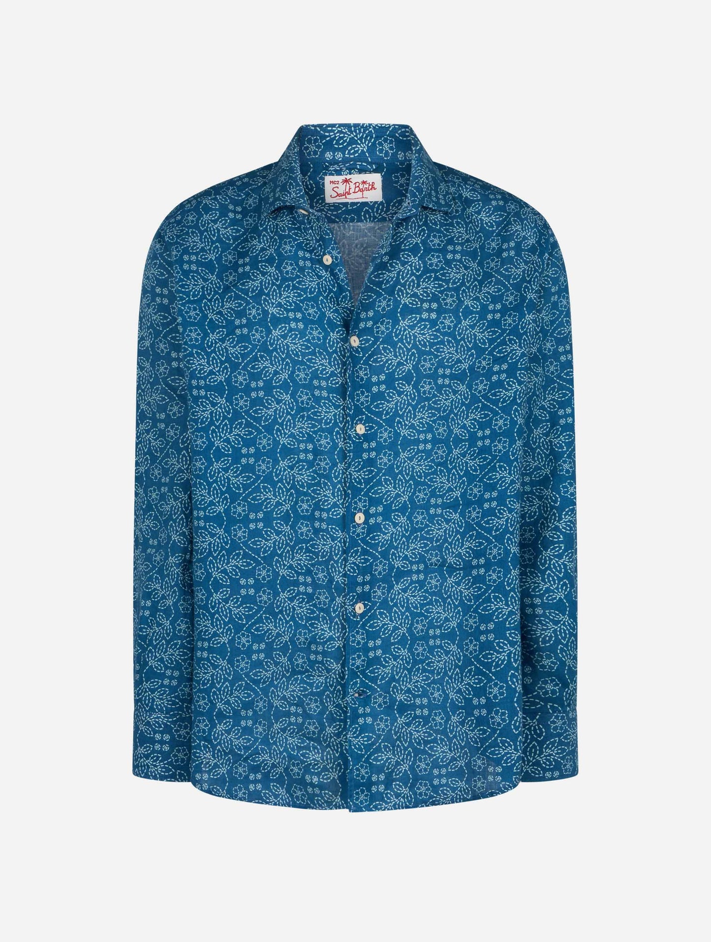 Man navy blue linen shirt Pamplona with Sashiko print - MC2 Saint Barth