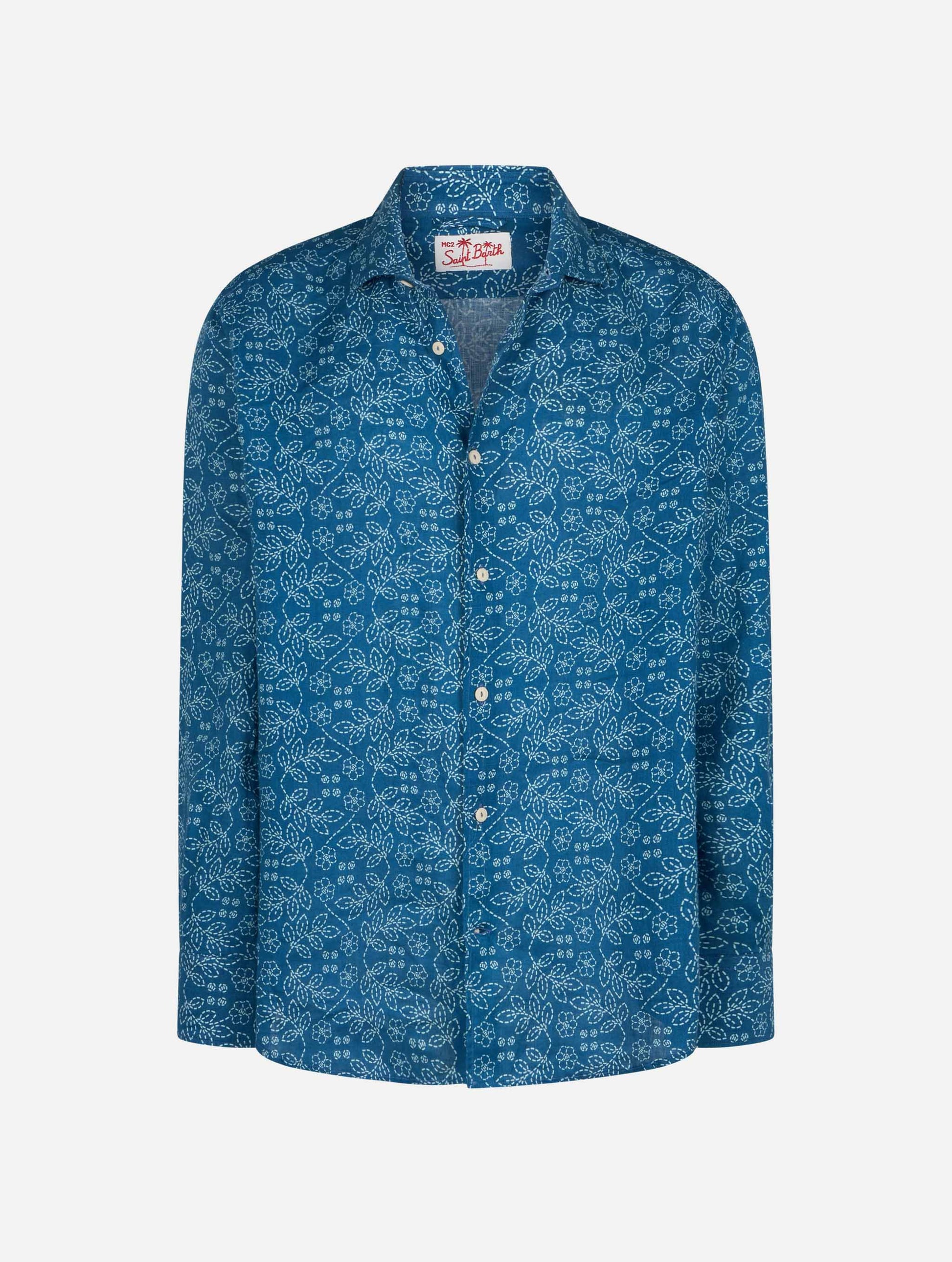 Man navy blue linen shirt Pamplona with Sashiko print - MC2 Saint Barth