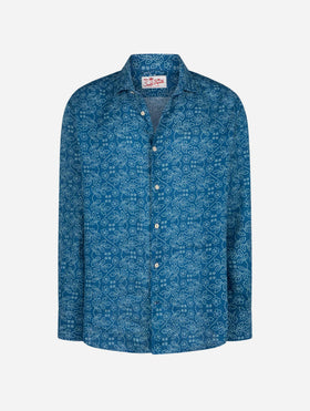 Man navy blue linen shirt Pamplona with Sashiko print - MC2 Saint Barth