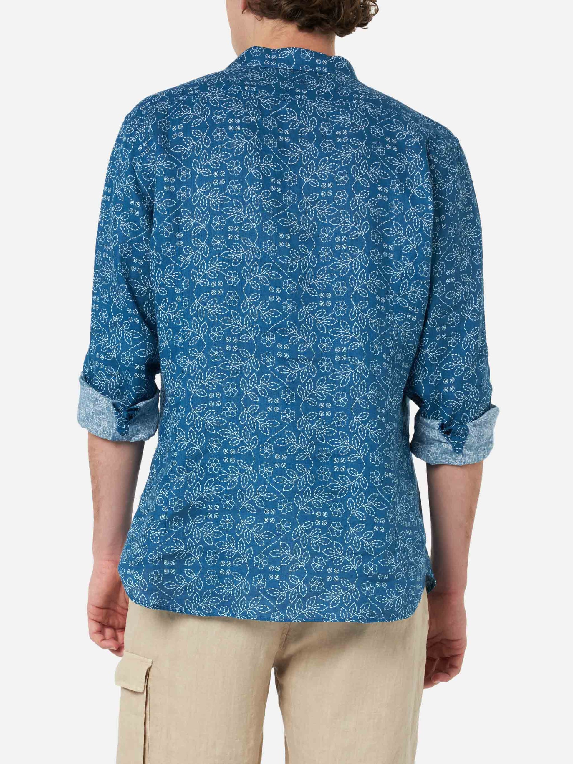Man navy blue linen shirt Pamplona with Sashiko print - MC2 Saint Barth