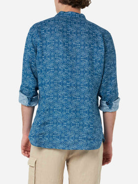 Man navy blue linen shirt Pamplona with Sashiko print - MC2 Saint Barth