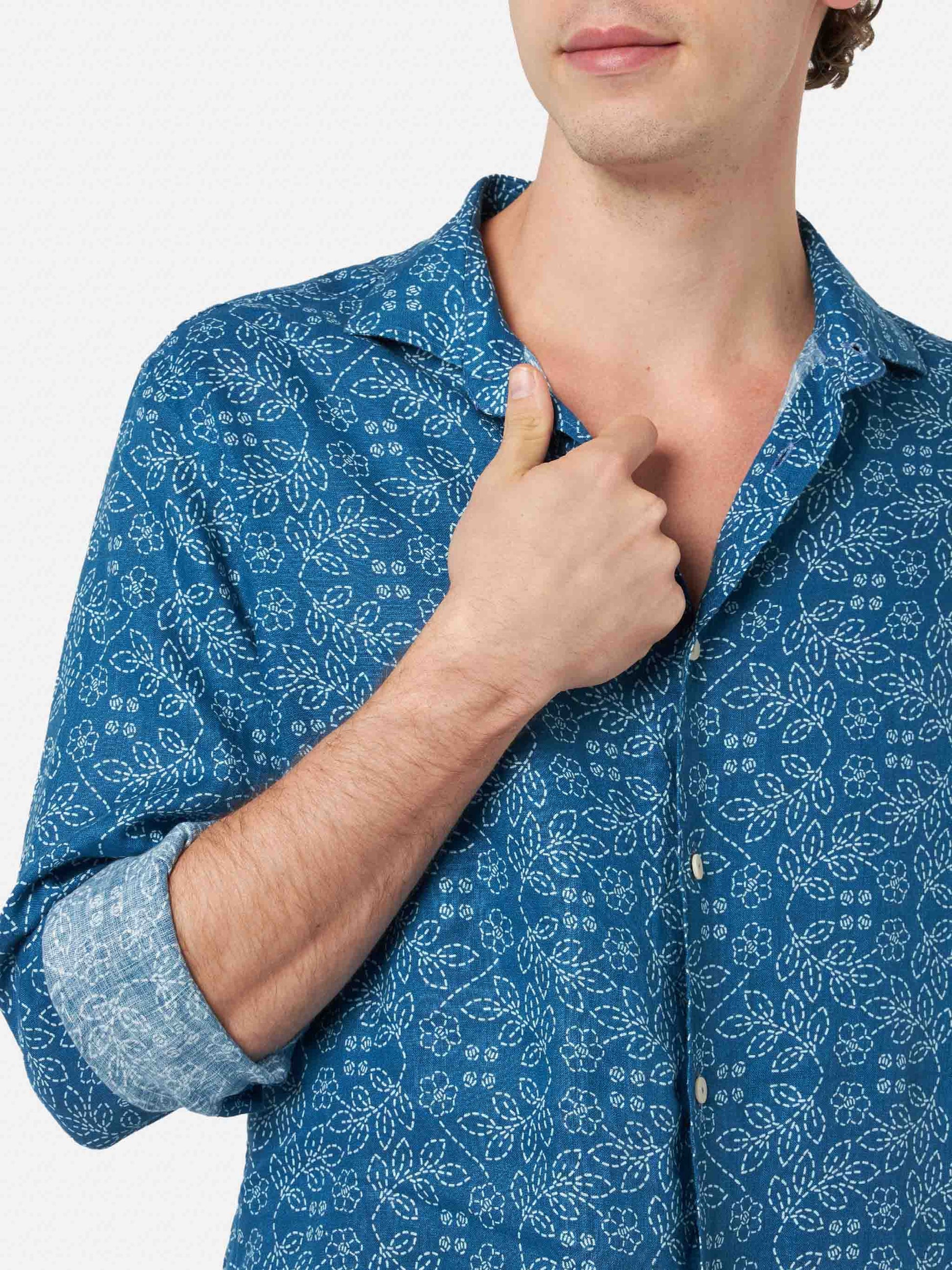Man navy blue linen shirt Pamplona with Sashiko print - MC2 Saint Barth