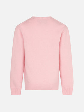 Girl crewneck pink sweater with Pink Panther Ancora Tu? Print | THE PINK PANTHER SPECIAL EDITION - MC2 Saint Barth