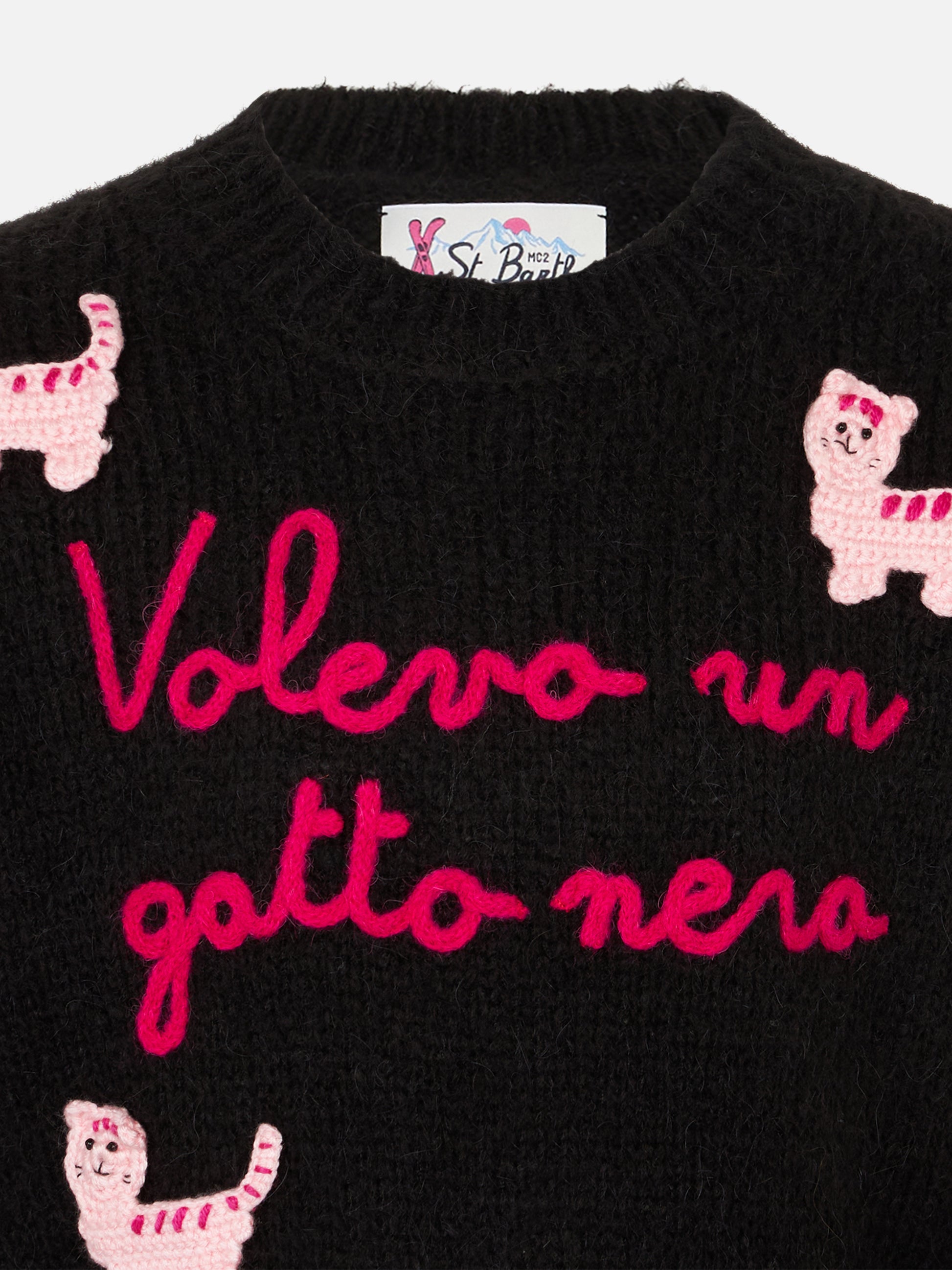 Girl crewneck soft sweater with cats crochet patch and Volevo un Gatto Nero embroidery - MC2 Saint Barth