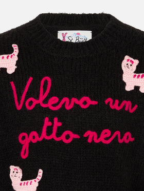 Girl crewneck soft sweater with cats crochet patch and Volevo un Gatto Nero embroidery - MC2 Saint Barth