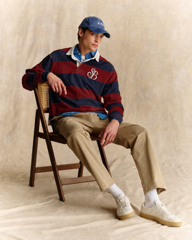 Polo de rugby Quarterback de algodón a rayas azul marino blue y burdeos con monograma SB Legacy 