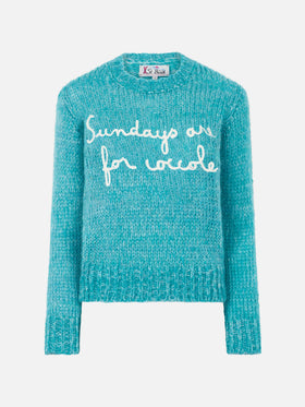 Woman crewneck soft crop sweater with Sundays are for Coccole embroidery - MC2 Saint Barth
