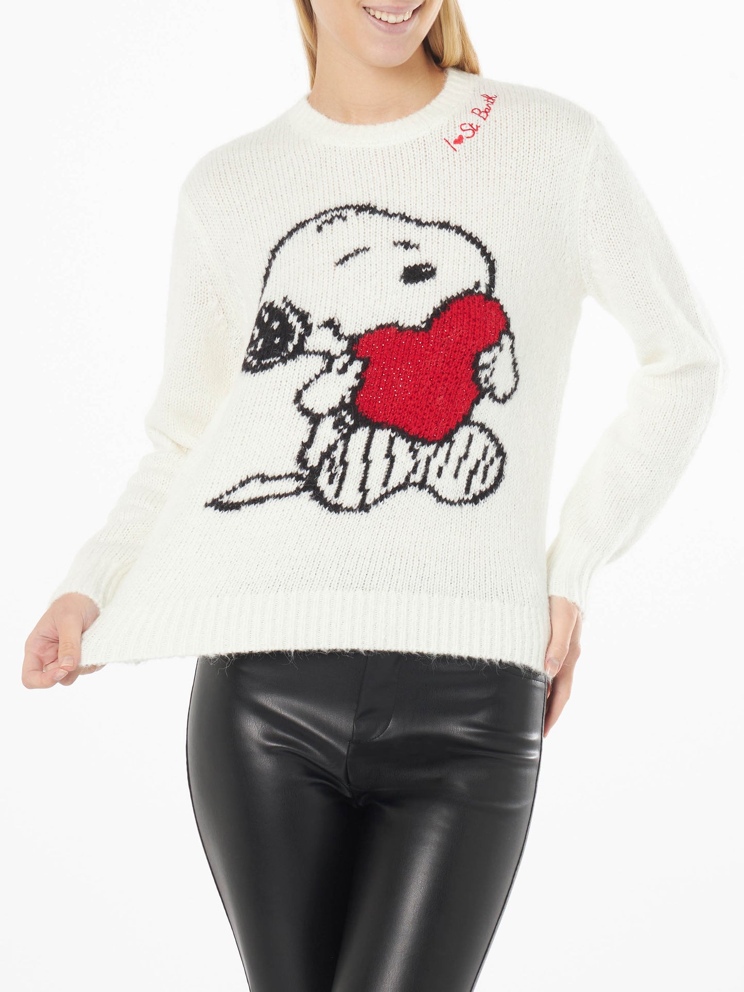 Damenpullover mit Snoopy- und Woodstock-Jacquard sowie Herz aus Strass | SNOOPY PEANUTS™ SPECIAL EDITION 