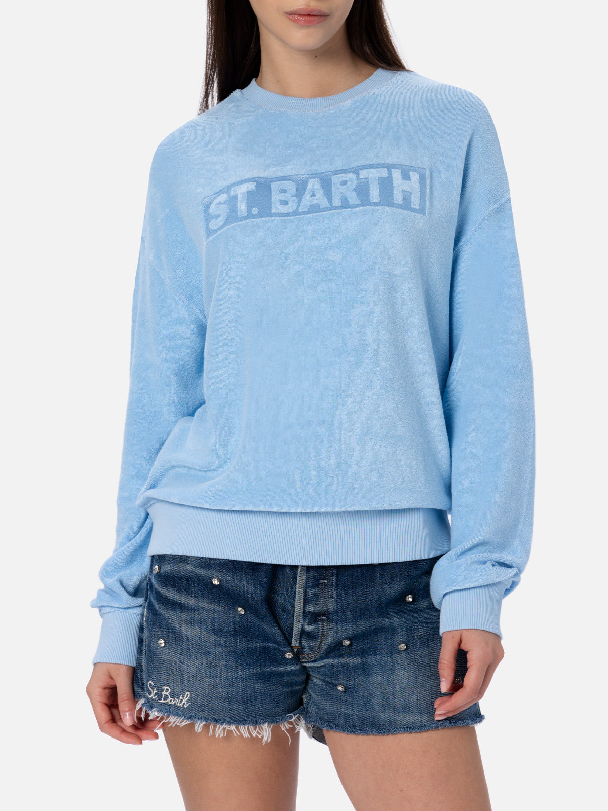 Damen-Sweatshirt Stardust aus hellblauem Frottee-Baumwollstoff 