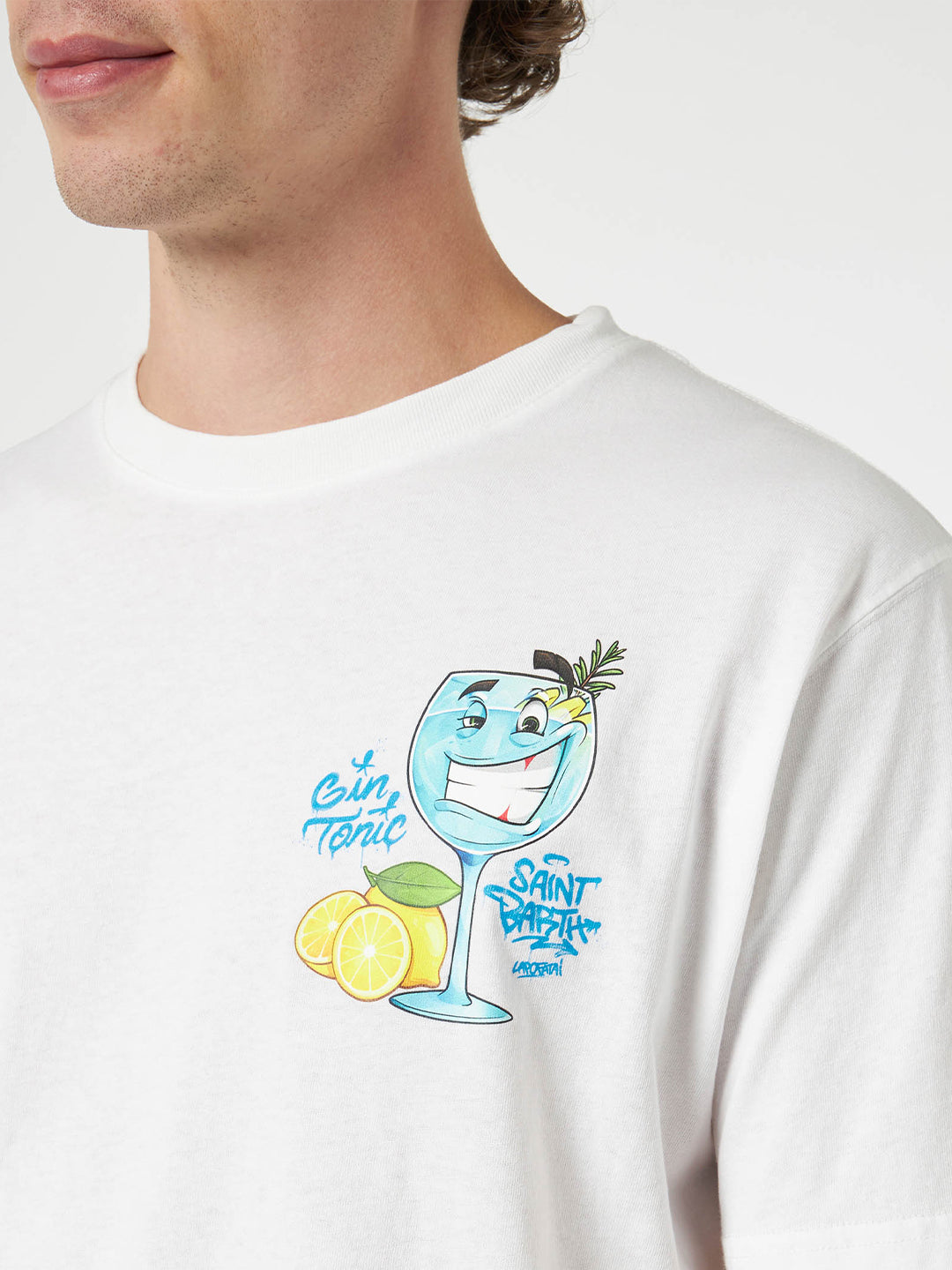 Man cotton t-shirt with Cryptopuppets Gin Tonic front and back placed print | CRYPTOPUPPETS SPECIAL EDITION - MC2 Saint Barth