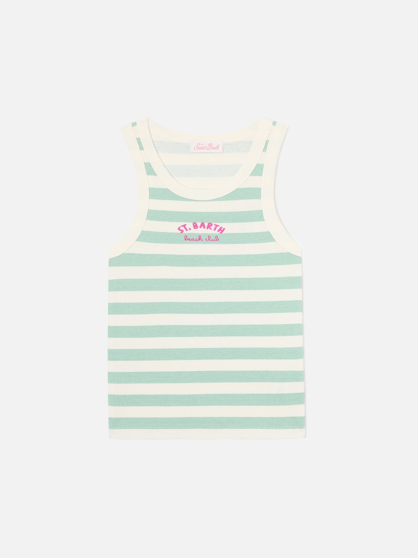 Camiseta de tirantes Ada de rayas verde salvia con bordado beach club 