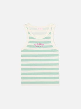 Camiseta de tirantes Ada de rayas verde salvia con bordado beach club 