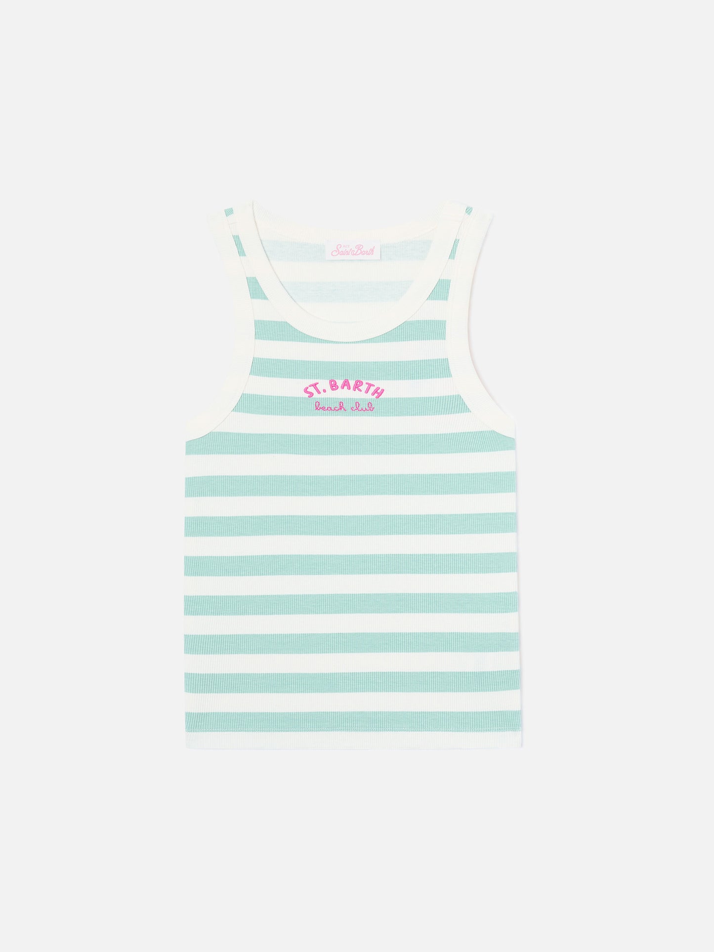 Camiseta de tirantes Ada de rayas verde salvia con bordado beach club 