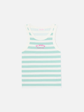 Camiseta de tirantes Ada de rayas verde salvia con bordado beach club 