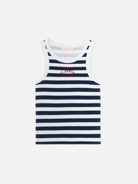 Blue striped Ada tank top with Beach Club embroidery