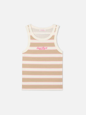 Blue Jr Tank-Top with beige and pink stripes and embroidered logo