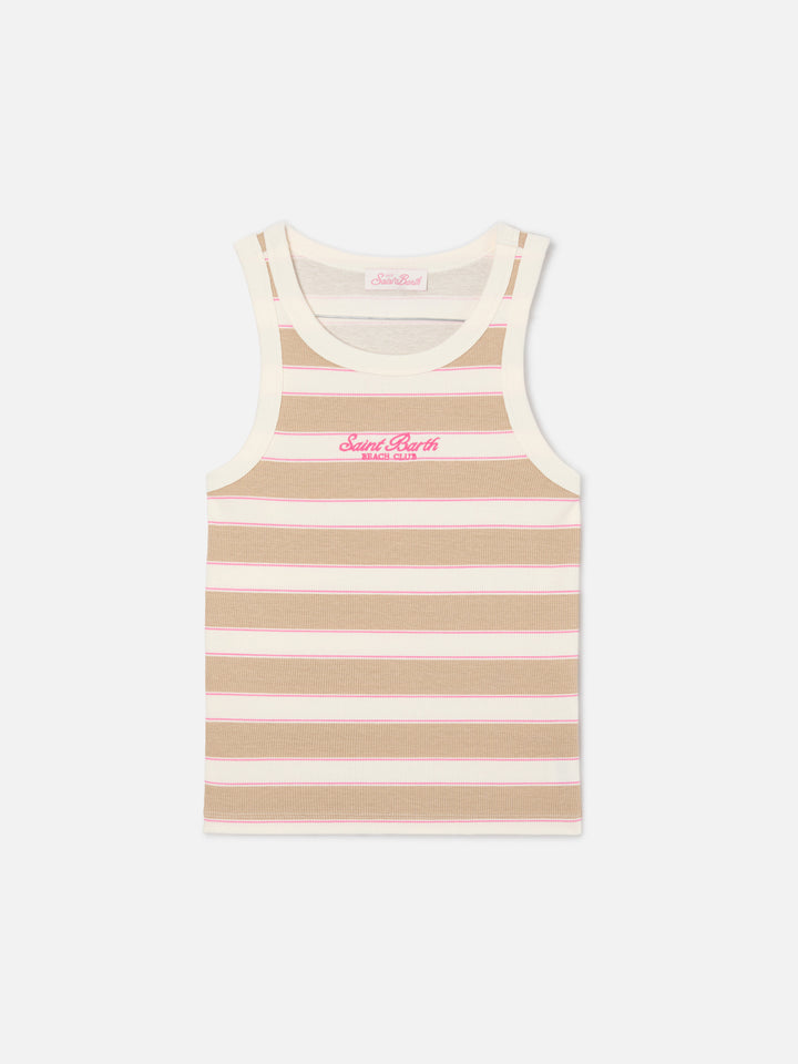 Blue Jr Tank-Top mit beigen und rosafarbenen Streifen und gesticktem Logo 