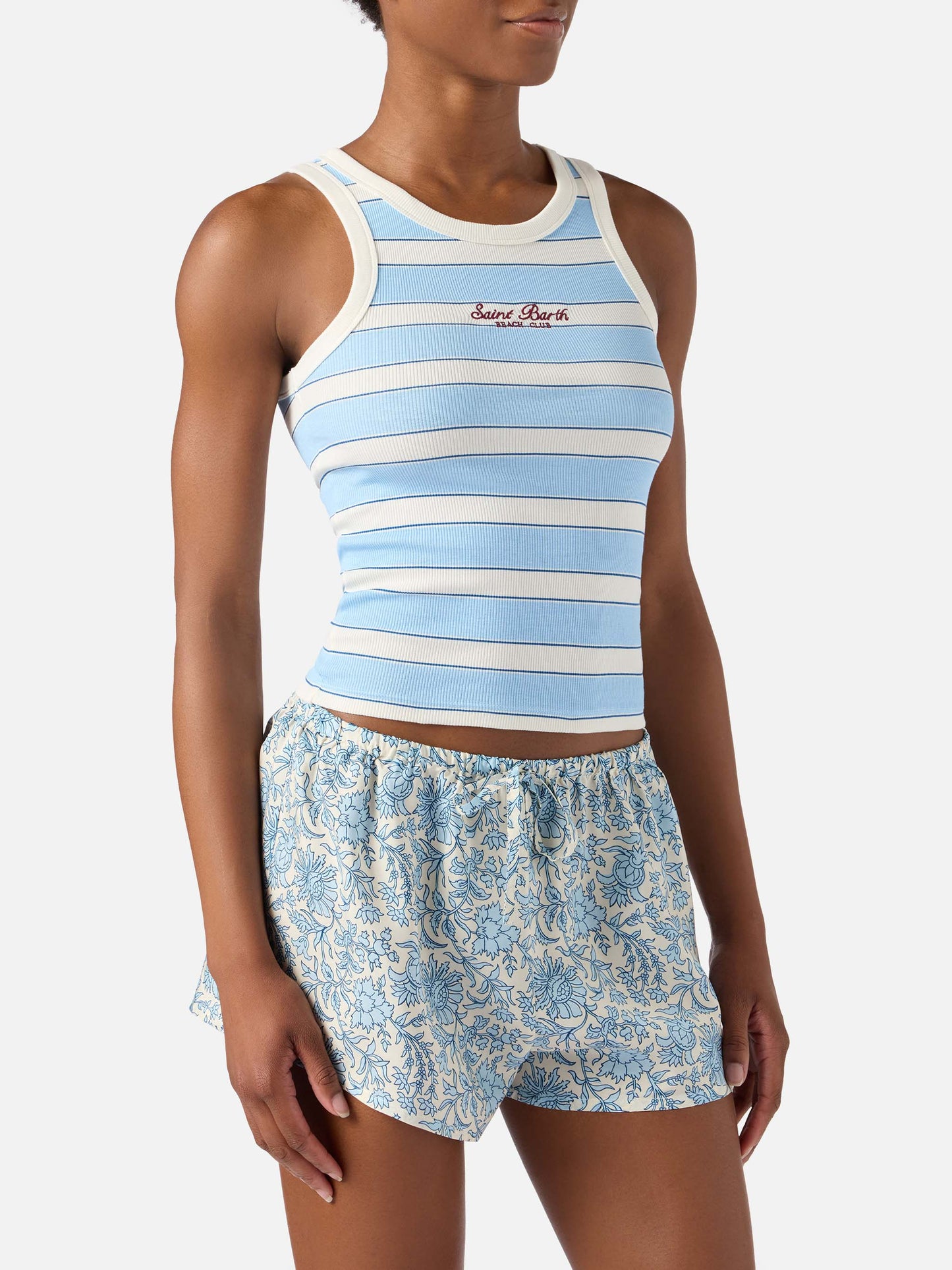 Light blue striped Ada tank top with beach club embroidery