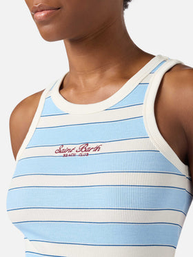 Light blue striped Ada tank top with beach club embroidery